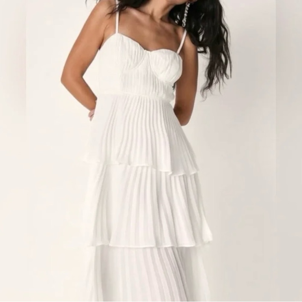 Lulu's Cascading Crush White Pleated Maxi Dress